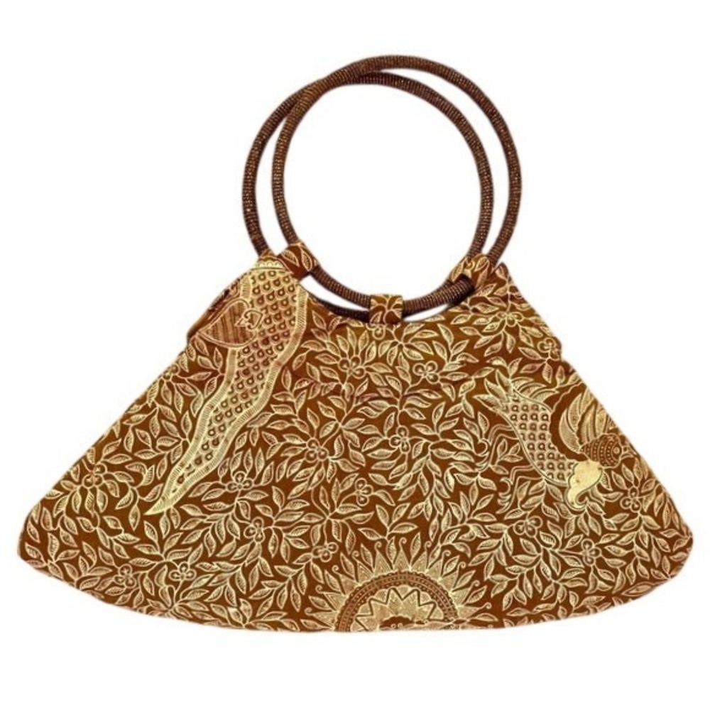 Vintage‎ Batik Print Beaded Ring Handle Handbag Brown Gold Peacock Floral Tote